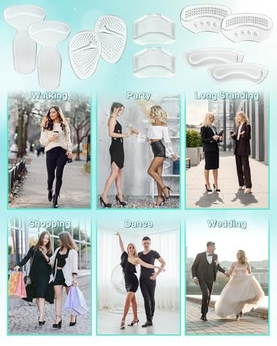 Snqqmtt 10 Stück High Heel Komfort-Pad-Einlagen, Silikon Schuhpolster, Fersengriffe, Metatarsal Pads für zu große Damenschuhe, verhindern Reibung und Blasen, selbstklebend, klar