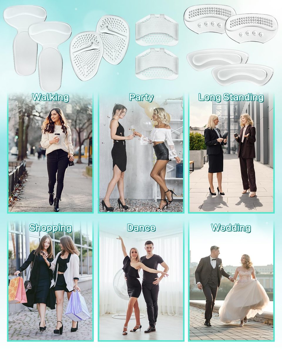 Snqqmtt 10 Stück High Heel Komfort-Pad-Einlagen, Silikon Schuhpolster, Fersengriffe, Metatarsal Pads für zu große Damenschuhe, verhindern Reibung und Blasen, selbstklebend, klar