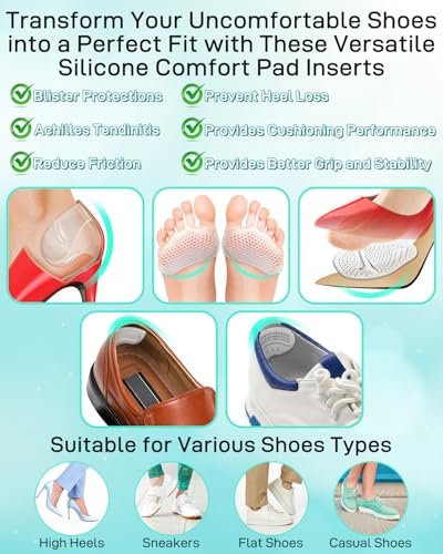 Snqqmtt 10 Stück High Heel Komfort-Pad-Einlagen, Silikon Schuhpolster, Fersengriffe, Metatarsal Pads für zu große Damenschuhe, verhindern Reibung und Blasen, selbstklebend, klar