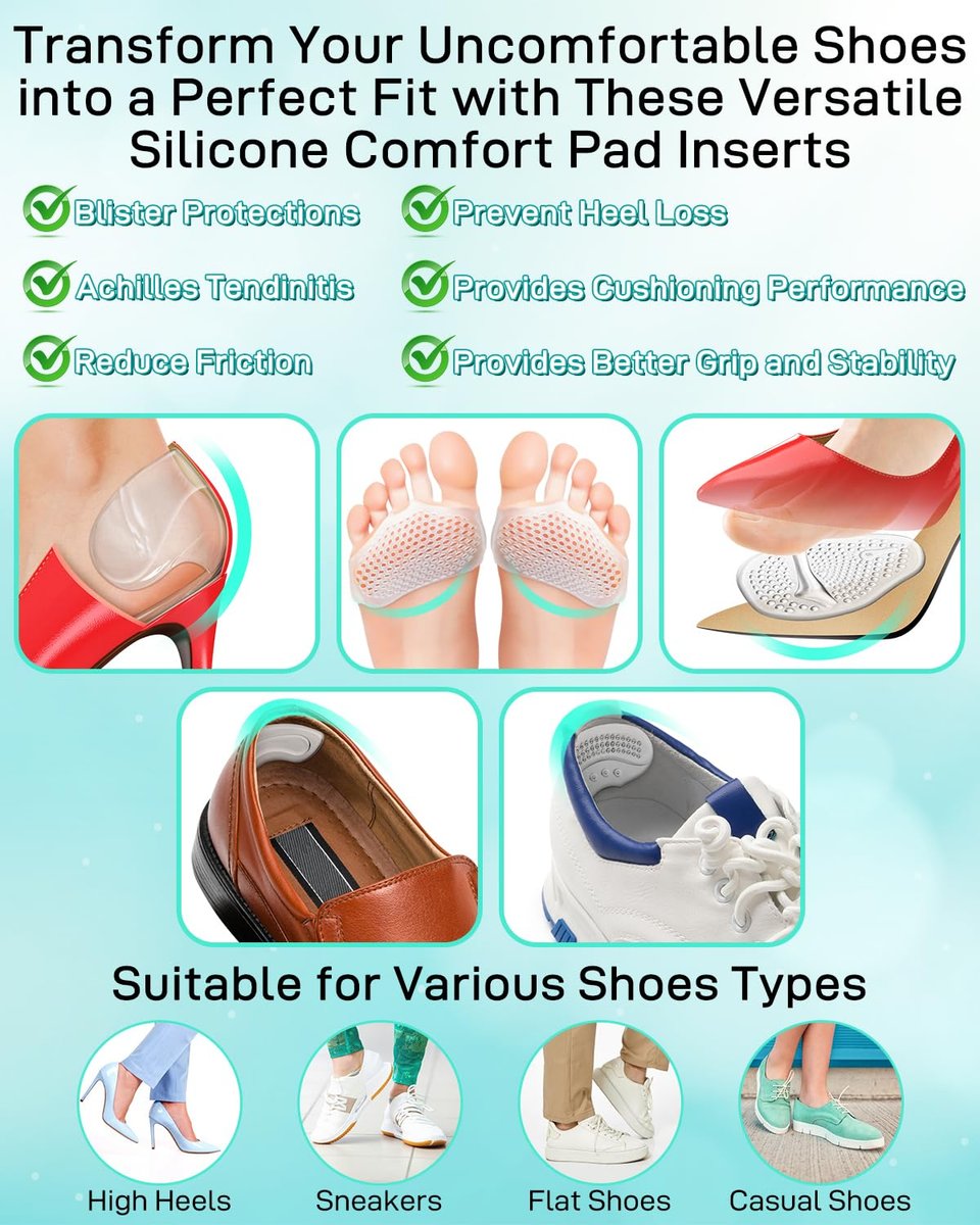 Snqqmtt 10 Stück High Heel Komfort-Pad-Einlagen, Silikon Schuhpolster, Fersengriffe, Metatarsal Pads für zu große Damenschuhe, verhindern Reibung und Blasen, selbstklebend, klar