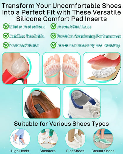 Snqqmtt 10 Stück High Heel Komfort-Pad-Einlagen, Silikon Schuhpolster, Fersengriffe, Metatarsal Pads für zu große Damenschuhe, verhindern Reibung und Blasen, selbstklebend, klar