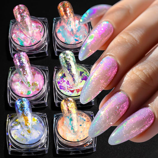 Chameleon Nagellack Glitter Flakes, 6 Farben Eis Transparent Aurora Opal Sequins Chrom Irideszierendes Pigment Nagelkunst Pailletten Set, Ultradünne Meerjungfrau Nagel Chunky Glitter für Nagelkunst Dekoration DIY Handwerk