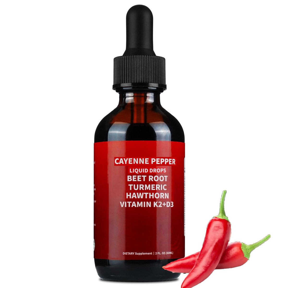 Cayenne Pfeffer Tropfen, Cayenne Pfeffer Weißdorn Rote Bete Kurkuma Curcumin, Vitamin K2 & D3, Nahrungsergänzungsmittel, Sanfte Formel, Vegan, Leicht Absorbierbar - 60 ml