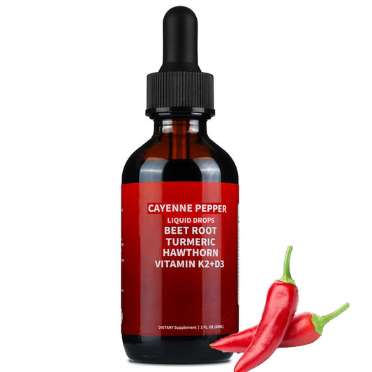 Cayenne Pfeffer Tropfen, Cayenne Pfeffer Weißdorn Rote Bete Kurkuma Curcumin, Vitamin K2 & D3, Nahrungsergänzungsmittel, Sanfte Formel, Vegan, Leicht Absorbierbar - 60 ml