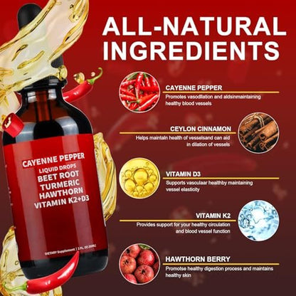 Cayenne Pfeffer Tropfen, Cayenne Pfeffer Weißdorn Rote Bete Kurkuma Curcumin, Vitamin K2 & D3, Nahrungsergänzungsmittel, Sanfte Formel, Vegan, Leicht Absorbierbar - 60 ml