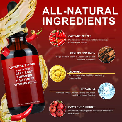 Cayenne Pfeffer Tropfen, Cayenne Pfeffer Weißdorn Rote Bete Kurkuma Curcumin, Vitamin K2 & D3, Nahrungsergänzungsmittel, Sanfte Formel, Vegan, Leicht Absorbierbar - 60 ml