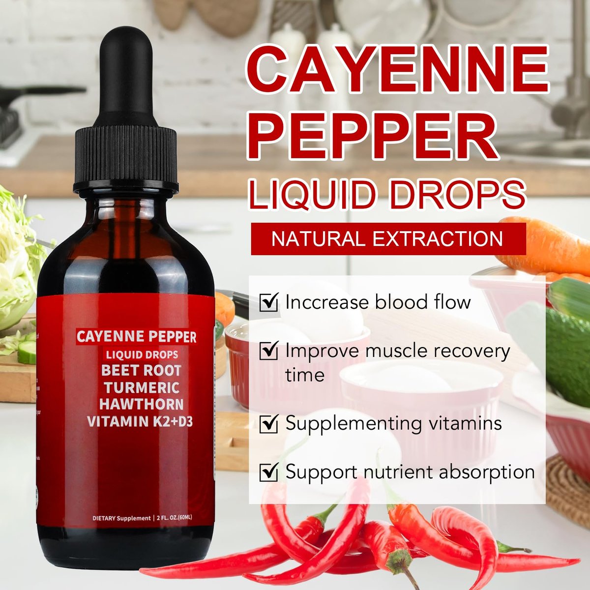 Cayenne Pfeffer Tropfen, Cayenne Pfeffer Weißdorn Rote Bete Kurkuma Curcumin, Vitamin K2 & D3, Nahrungsergänzungsmittel, Sanfte Formel, Vegan, Leicht Absorbierbar - 60 ml