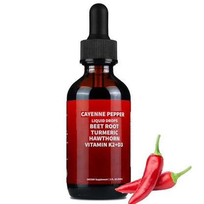 Cayenne Pfeffer Tropfen, Cayenne Pfeffer Weißdorn Rote Bete Kurkuma Curcumin, Vitamin K2 & D3, Nahrungsergänzungsmittel, Sanfte Formel, Vegan, Leicht Absorbierbar - 60 ml