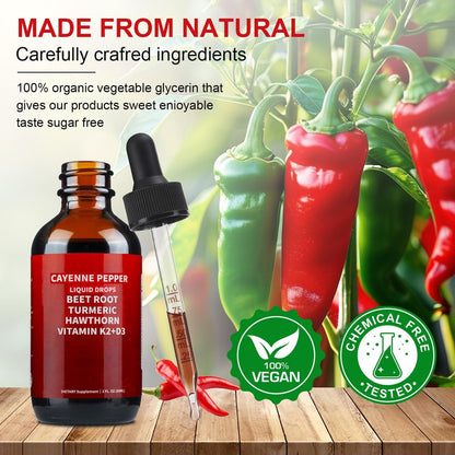 Cayenne Pfeffer Tropfen, Cayenne Pfeffer Weißdorn Rote Bete Kurkuma Curcumin, Vitamin K2 & D3, Nahrungsergänzungsmittel, Sanfte Formel, Vegan, Leicht Absorbierbar - 60 ml