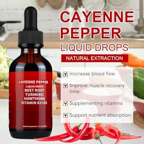 Cayenne Pfeffer Tropfen, Cayenne Pfeffer Weißdorn Rote Bete Kurkuma Curcumin, Vitamin K2 & D3, Nahrungsergänzungsmittel, Sanfte Formel, Vegan, Leicht Absorbierbar - 60 ml