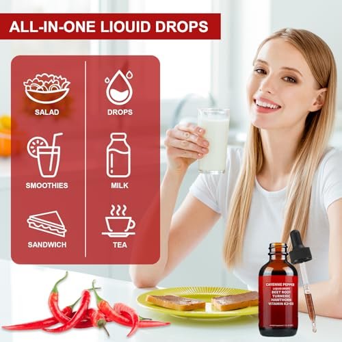 Cayenne Pfeffer Tropfen, Cayenne Pfeffer Weißdorn Rote Bete Kurkuma Curcumin, Vitamin K2 & D3, Nahrungsergänzungsmittel, Sanfte Formel, Vegan, Leicht Absorbierbar - 60 ml
