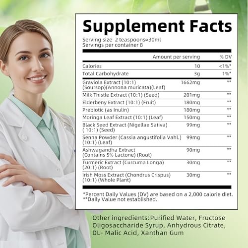 Soursop Bitters Flüssigkeit mit Schwarzkümmel, Kurkuma & Moringa – 15-in-1 Kräutermischung für Immunsystem, Verdauung, Antioxidantien & Hautgesundheit (240 ml)