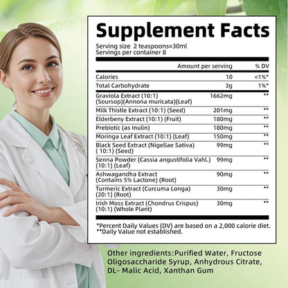 Soursop Bitters Flüssigkeit mit Schwarzkümmel, Kurkuma & Moringa – 15-in-1 Kräutermischung für Immunsystem, Verdauung, Antioxidantien & Hautgesundheit (240 ml)