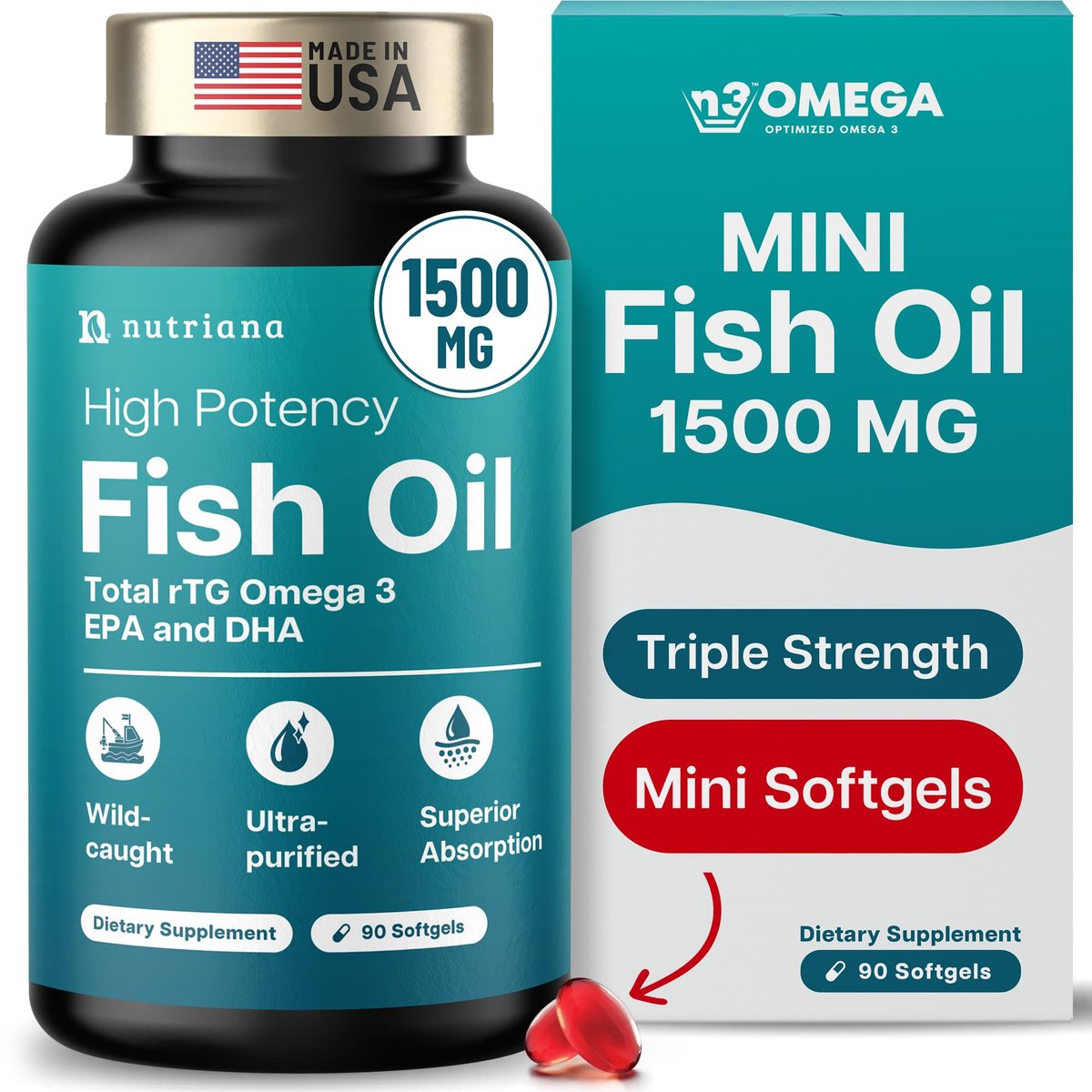 Mini Fischöl Softgels – Dreifache Stärke – Fortschrittliche Formel – 1500 mg Omega 3 mit EPA & DHA – Kleiner als ein Cent – Fischöl Minis – Wild gefangen – 90 Softgels