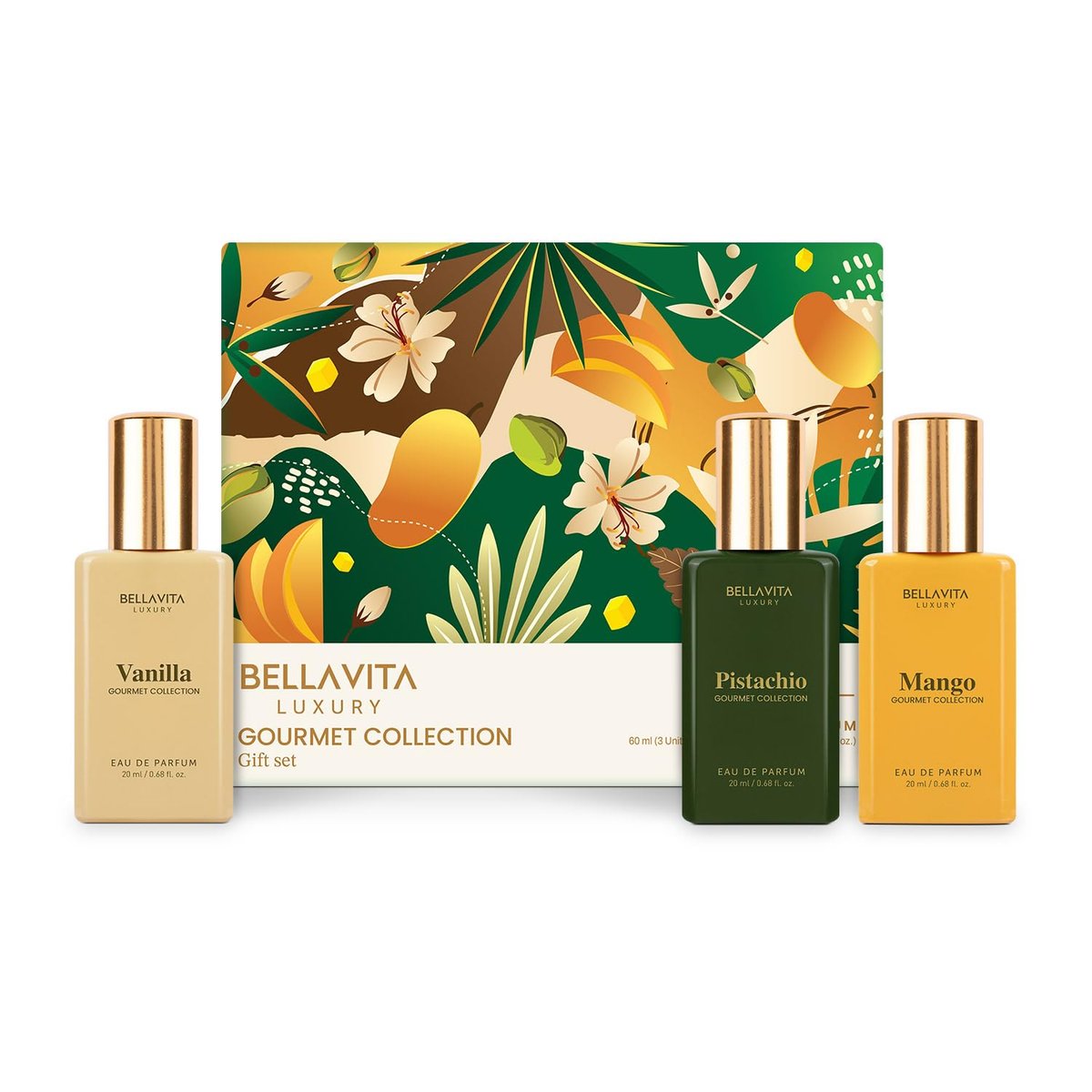 Bellavita Luxury Unisex Gourmet Parfüm Geschenkset mit Vanille, Mango und Pistazie | 60ml | Parfüm für Männer und Frauen | Nussige Pistazie, Mango und Vanille Noten | Langanhaltender Unisex Duft