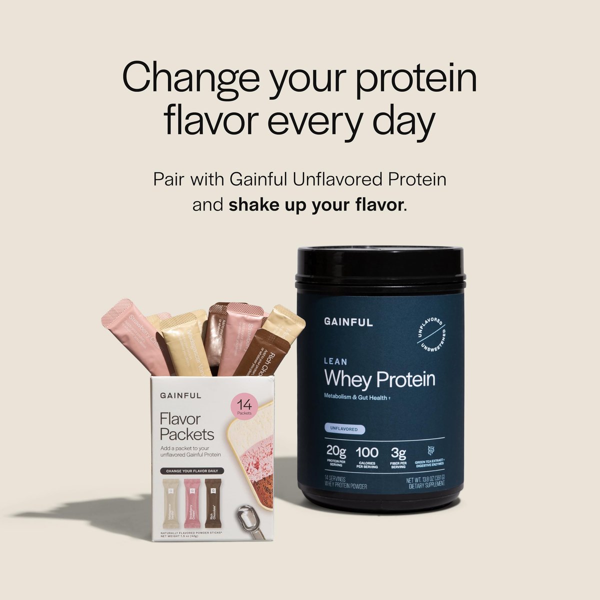 Gainful Geschmacksstäbchen für ungewürztes Proteinpulver, Neapolitaner Sortenpackung, Erdbeer-, Schokoladen- & Vanillegeschmacksverstärker, für pflanzliches oder Molkenprotein, ohne Zuckerzusatz, 14 Stück