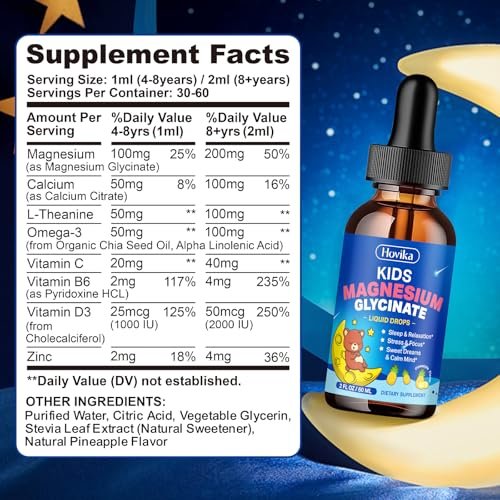 Hovika Kids Magnesium Glycinate Liquid mit L-Theanin Omega-3, Vitamin B6, D3, Zink – Magnesium-Tropfen für Schlaf, Entspannung, Ruhe & Konzentration, 2 Fl Oz Ananasgeschmack