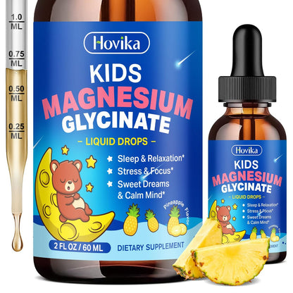 Hovika Kids Magnesium Glycinate Liquid mit L-Theanin Omega-3, Vitamin B6, D3, Zink – Magnesium-Tropfen für Schlaf, Entspannung, Ruhe & Konzentration, 2 Fl Oz Ananasgeschmack