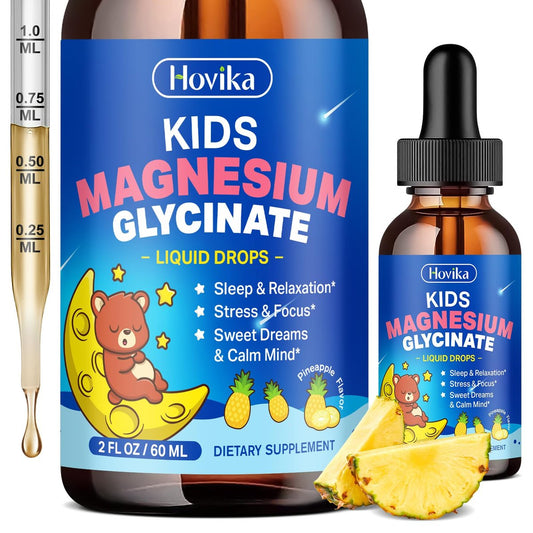 Hovika Kids Magnesium Glycinate Liquid mit L-Theanin Omega-3, Vitamin B6, D3, Zink – Magnesium-Tropfen für Schlaf, Entspannung, Ruhe & Konzentration, 2 Fl Oz Ananasgeschmack