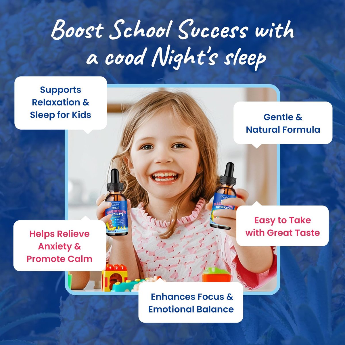 Hovika Kids Magnesium Glycinate Liquid mit L-Theanin Omega-3, Vitamin B6, D3, Zink – Magnesium-Tropfen für Schlaf, Entspannung, Ruhe & Konzentration, 2 Fl Oz Ananasgeschmack