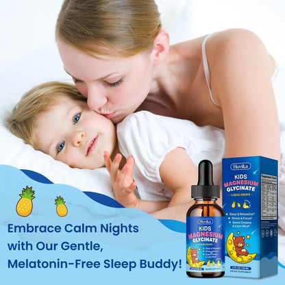Hovika Kids Magnesium Glycinate Liquid mit L-Theanin Omega-3, Vitamin B6, D3, Zink – Magnesium-Tropfen für Schlaf, Entspannung, Ruhe & Konzentration, 2 Fl Oz Ananasgeschmack