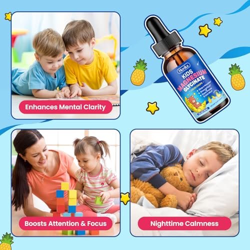 Hovika Kids Magnesium Glycinate Liquid mit L-Theanin Omega-3, Vitamin B6, D3, Zink – Magnesium-Tropfen für Schlaf, Entspannung, Ruhe & Konzentration, 2 Fl Oz Ananasgeschmack