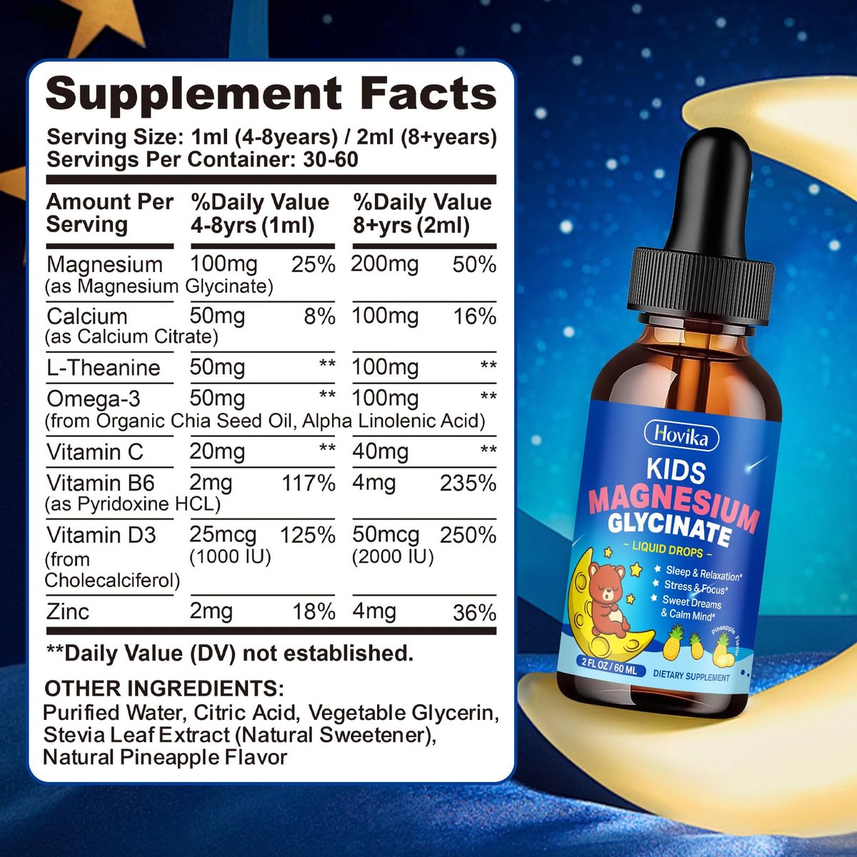 Hovika Kids Magnesium Glycinate Liquid mit L-Theanin Omega-3, Vitamin B6, D3, Zink – Magnesium-Tropfen für Schlaf, Entspannung, Ruhe & Konzentration, 2 Fl Oz Ananasgeschmack