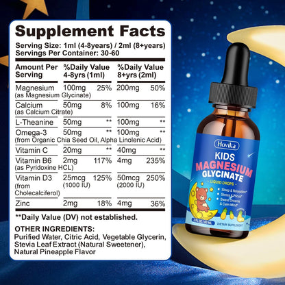 Hovika Kids Magnesium Glycinate Liquid mit L-Theanin Omega-3, Vitamin B6, D3, Zink – Magnesium-Tropfen für Schlaf, Entspannung, Ruhe & Konzentration, 2 Fl Oz Ananasgeschmack