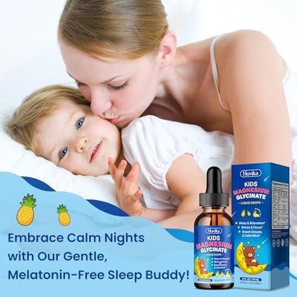 Hovika Kids Magnesium Glycinate Liquid mit L-Theanin Omega-3, Vitamin B6, D3, Zink – Magnesium-Tropfen für Schlaf, Entspannung, Ruhe & Konzentration, 2 Fl Oz Ananasgeschmack