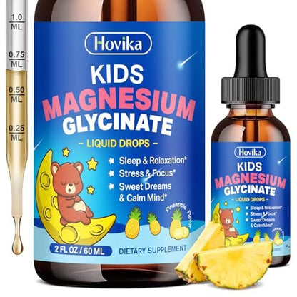 Hovika Kids Magnesium Glycinate Liquid mit L-Theanin Omega-3, Vitamin B6, D3, Zink – Magnesium-Tropfen für Schlaf, Entspannung, Ruhe & Konzentration, 2 Fl Oz Ananasgeschmack