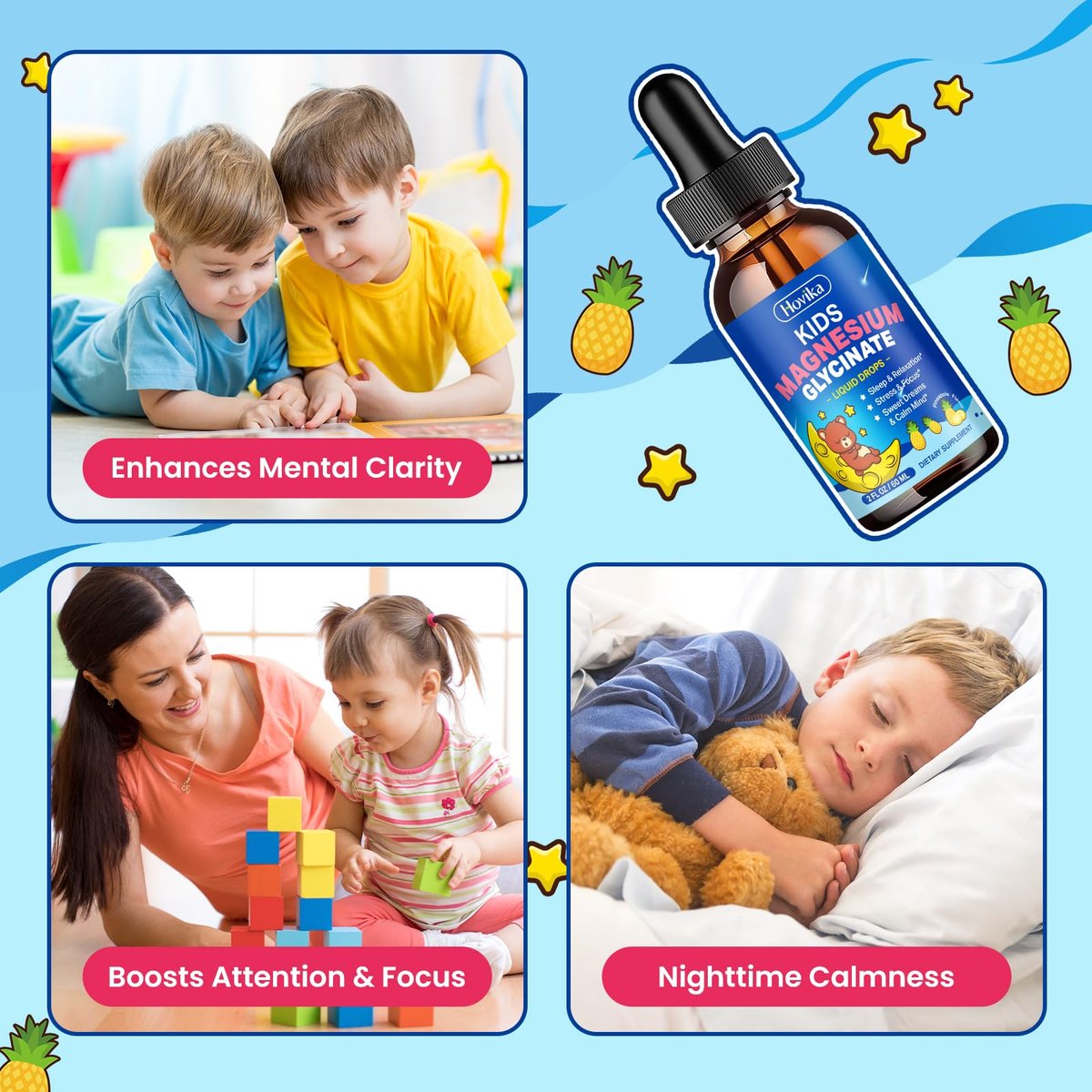 Hovika Kids Magnesium Glycinate Liquid mit L-Theanin Omega-3, Vitamin B6, D3, Zink – Magnesium-Tropfen für Schlaf, Entspannung, Ruhe & Konzentration, 2 Fl Oz Ananasgeschmack