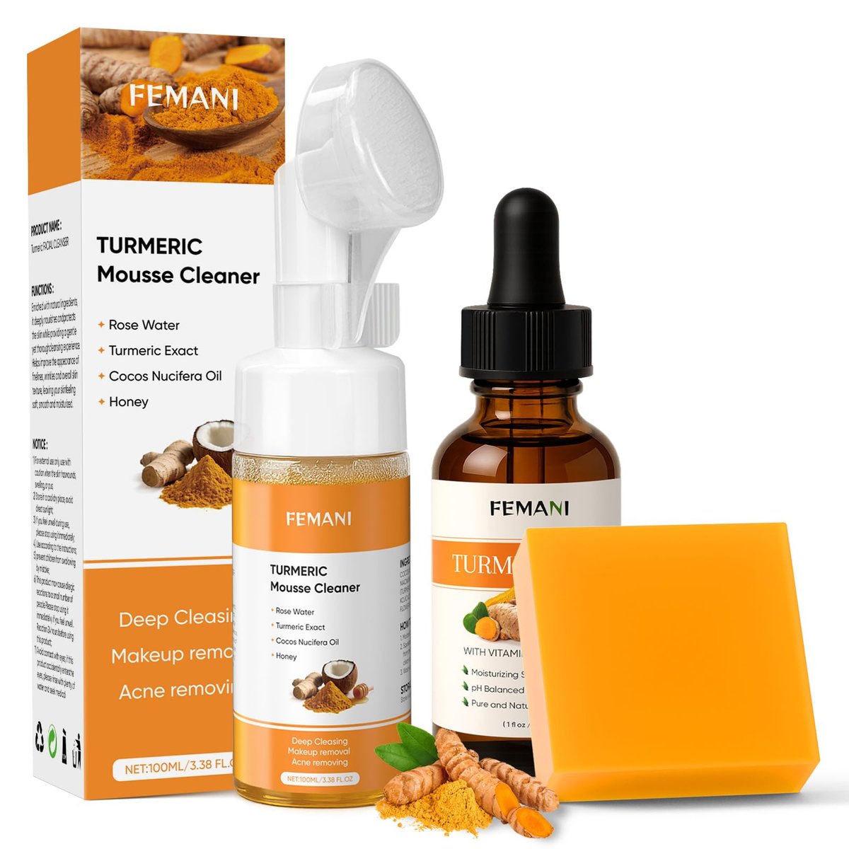 Kurkuma Seife, Kurkuma Gesichtscreme und Kurkuma Gesichtsreiniger Set – Gesicht & Körper, Gesichtsreiniger, beruhigende, feuchtigkeitsspendende Hautpflege für alle Hauttypen, Reinigungsschaum, inkl. Bubble Net