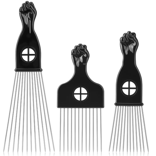 3er Pack Afro Haarpicks für Männer und Frauen – Cpoxixt Metall-Afro-Kamm-Picks für natürliches lockiges Haar, Faust-Design (Schwarz)
