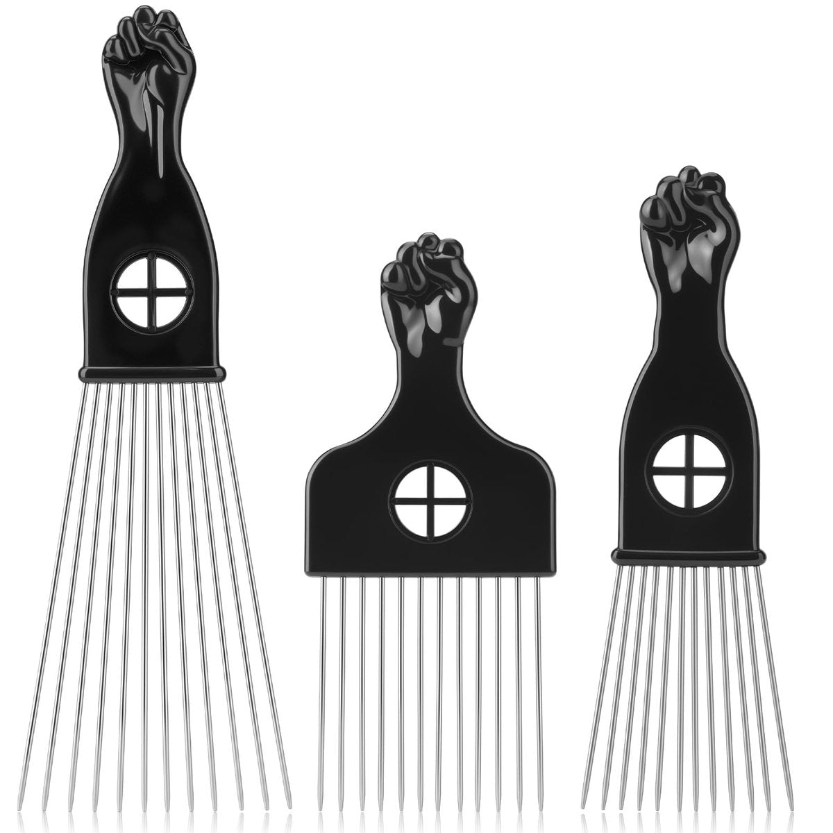 3er Pack Afro Haarpicks für Männer und Frauen – Cpoxixt Metall-Afro-Kamm-Picks für natürliches lockiges Haar, Faust-Design (Schwarz)