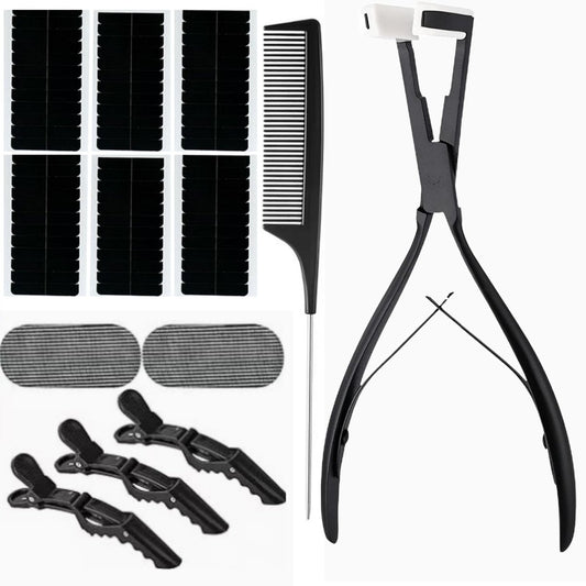 Tape-in Haarverlängerungs-Werkzeug-Kit – Professionelle Edelstahl-Zange mit flacher Oberfläche, Haarclips, Styling-Werkzeuge – Schwarz