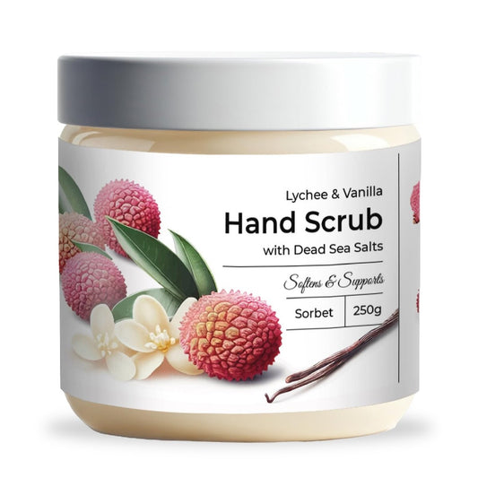 CalmGrace Peeling-Handpeeling mit Totem Meersalz, Lychee & Vanille Duft | Handpeeling-Exfoliator in Sorbet-Textur, Körperpflege-Feuchtigkeitscreme | Angereichert mit Aloe Vera, Kokosöl, Vitamin C