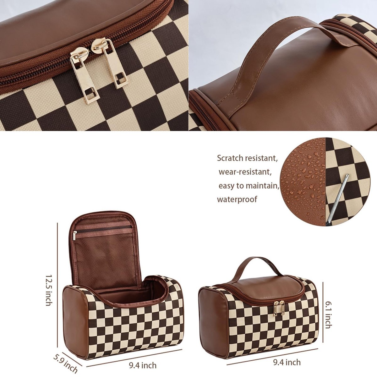 FEEZUSH Make-up Tasche – Reisefreundliche Kosmetiktasche im Karomuster (Braun)