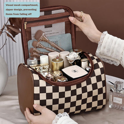FEEZUSH Make-up Tasche – Reisefreundliche Kosmetiktasche im Karomuster (Braun)