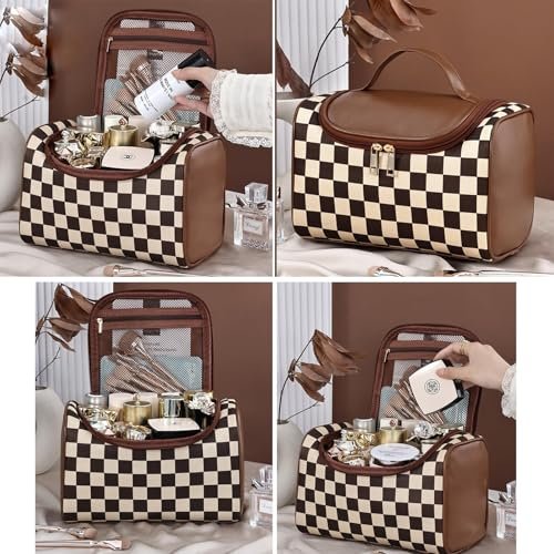 FEEZUSH Make-up Tasche – Reisefreundliche Kosmetiktasche im Karomuster (Braun)
