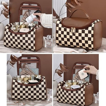 FEEZUSH Make-up Tasche – Reisefreundliche Kosmetiktasche im Karomuster (Braun)