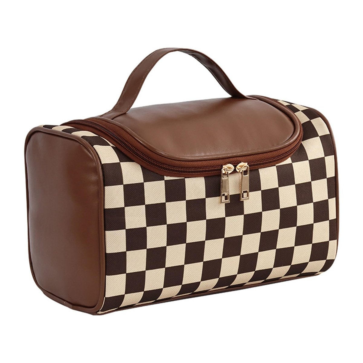 FEEZUSH Make-up Tasche – Reisefreundliche Kosmetiktasche im Karomuster (Braun)