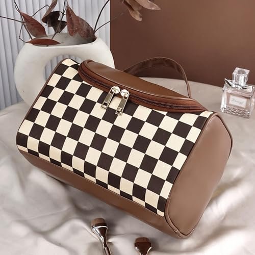 FEEZUSH Make-up Tasche – Reisefreundliche Kosmetiktasche im Karomuster (Braun)