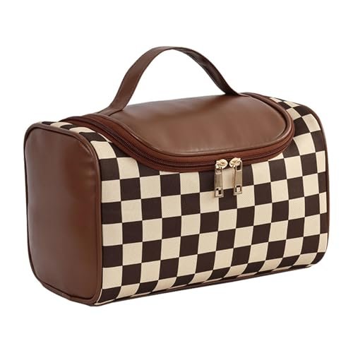 FEEZUSH Make-up Tasche – Reisefreundliche Kosmetiktasche im Karomuster (Braun)