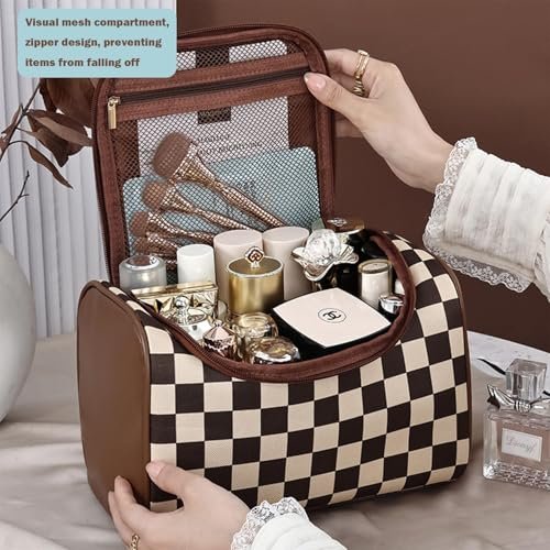FEEZUSH Make-up Tasche – Reisefreundliche Kosmetiktasche im Karomuster (Braun)