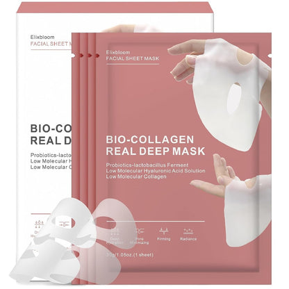 Elixbloom Bio-Collagen Gesichtsmaske – Tiefenwirksame Feuchtigkeitsmaske über Nacht, Porenverfeinernd, Straffend und Feuchtigkeitsspendend (4er-Pack)