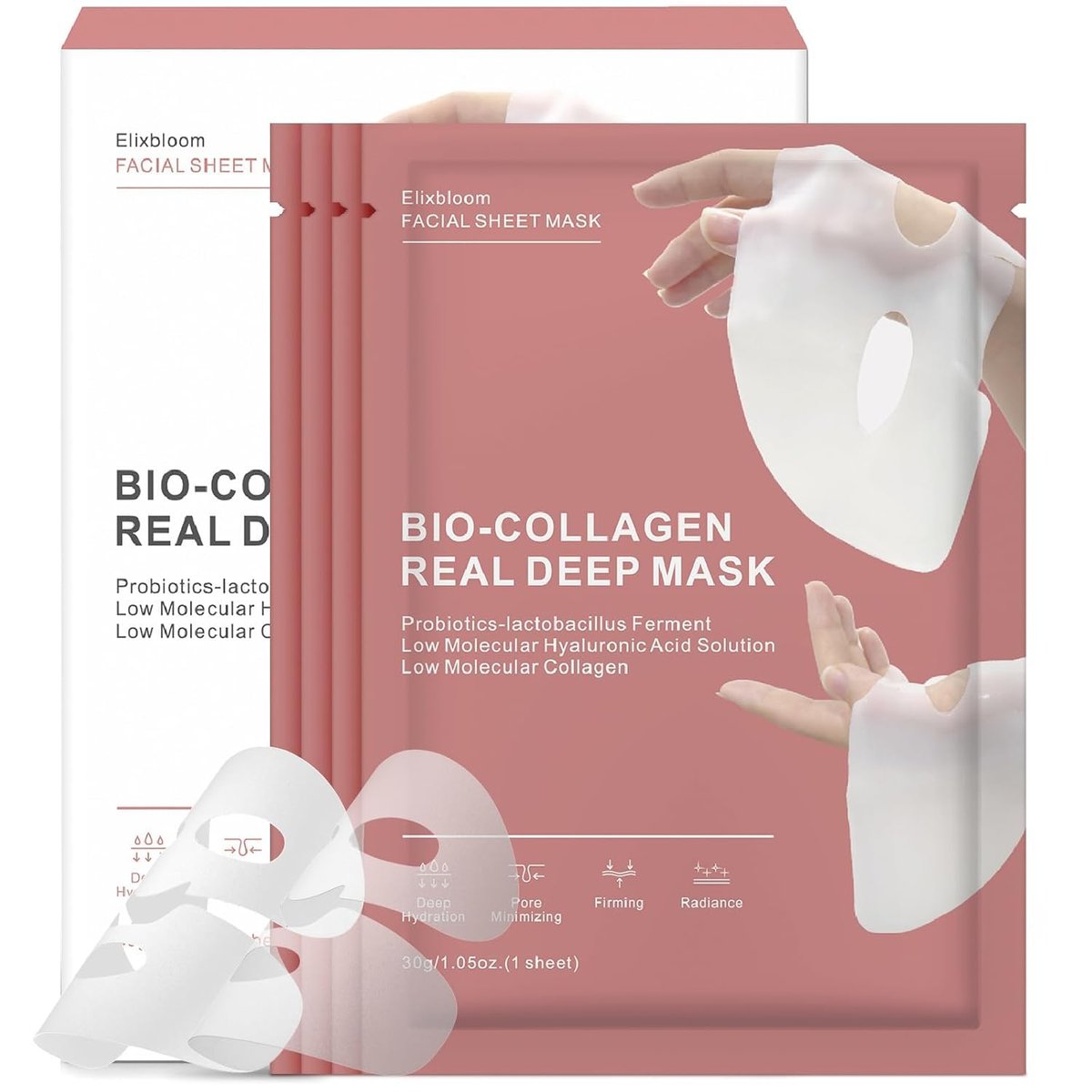 Elixbloom Bio-Collagen Gesichtsmaske – Tiefenwirksame Feuchtigkeitsmaske über Nacht, Porenverfeinernd, Straffend und Feuchtigkeitsspendend (4er-Pack)