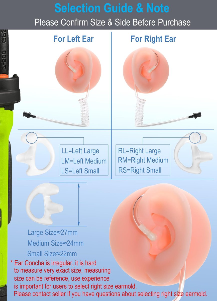 Commountain Weiche Ohrpassstücke für Walkie-Talkie Akustikrohr-Ohrhörer, Silikon-Ohrstöpsel kompatibel mit Motorola Kenwood Baofeng Coil Tube Ohrhörer, 6er-Pack, Transluzent, Mittelgroß für linkes Ohr