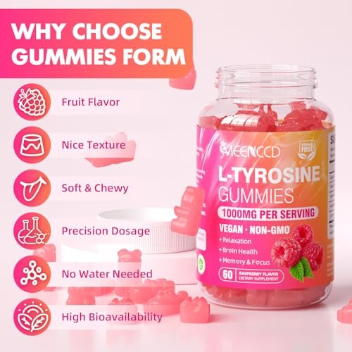 MEENCCD L-Tyrosin Gummibärchen, 1000 mg L-Tyrosin Nahrungsergänzungsmittel für Kinder & Erwachsene, tägliche Wellness-Unterstützung, Nicht-GVO, Zuckerfrei, Himbeergeschmack, 60 Stück