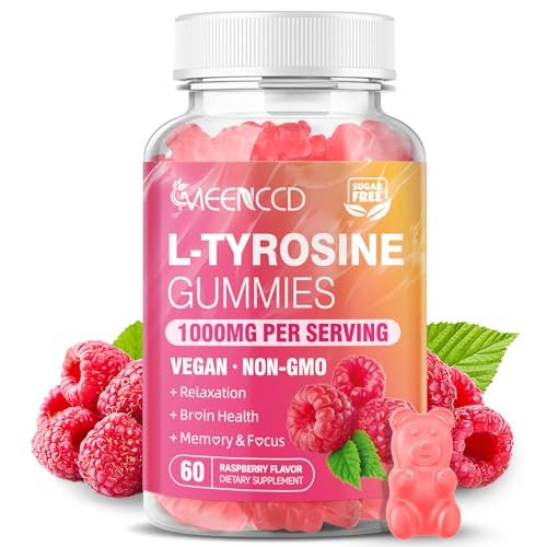 MEENCCD L-Tyrosin Gummibärchen, 1000 mg L-Tyrosin Nahrungsergänzungsmittel für Kinder & Erwachsene, tägliche Wellness-Unterstützung, Nicht-GVO, Zuckerfrei, Himbeergeschmack, 60 Stück