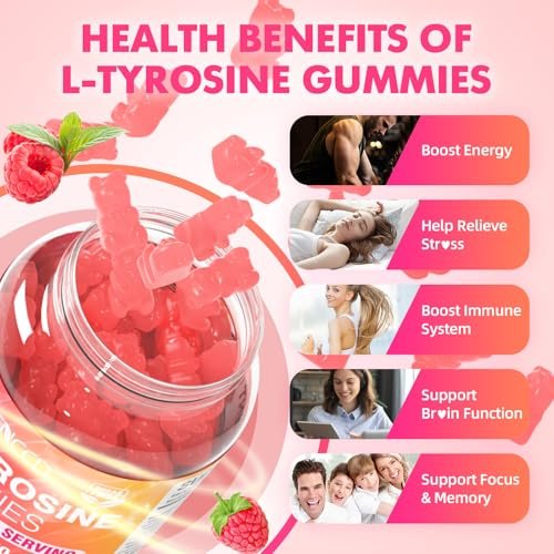 MEENCCD L-Tyrosin Gummibärchen, 1000 mg L-Tyrosin Nahrungsergänzungsmittel für Kinder & Erwachsene, tägliche Wellness-Unterstützung, Nicht-GVO, Zuckerfrei, Himbeergeschmack, 60 Stück